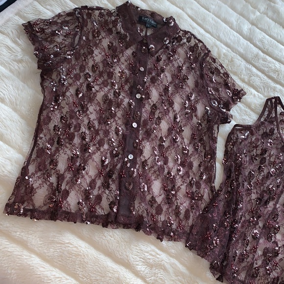 Brown lace sequin beaded button down shirt & Tank top 2 piece Set L - Picture 4 of 12